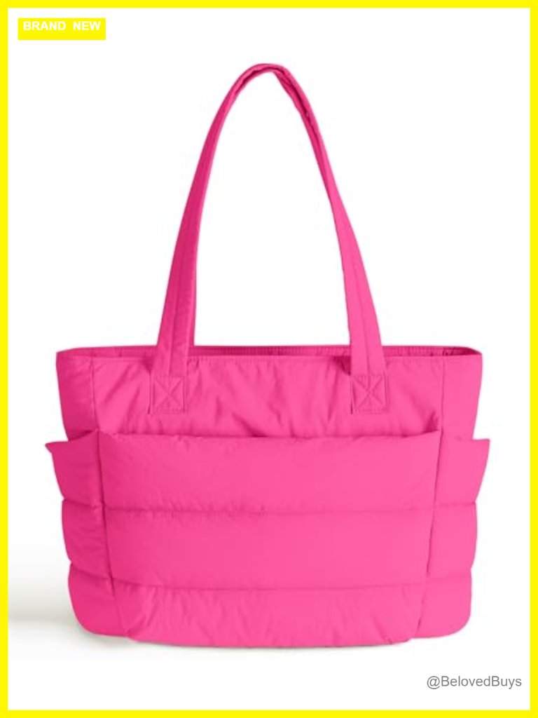 Quilted Puffer Tote Bag With Zippered Compartments For Work, Travel, Gym